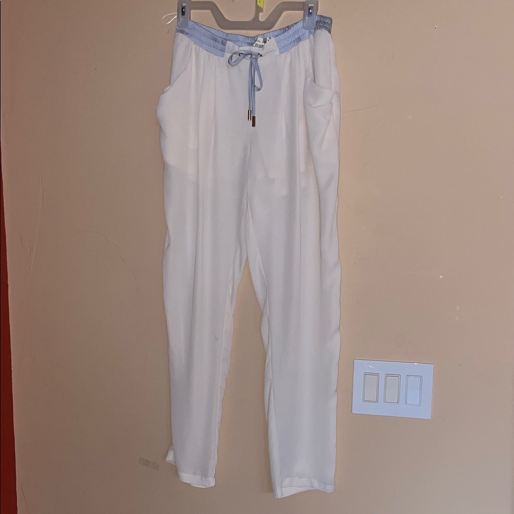 DOUBLE ZERO Whimsical Beach Party Festival Flowy Sexy Cream Chinos Sheer Pants